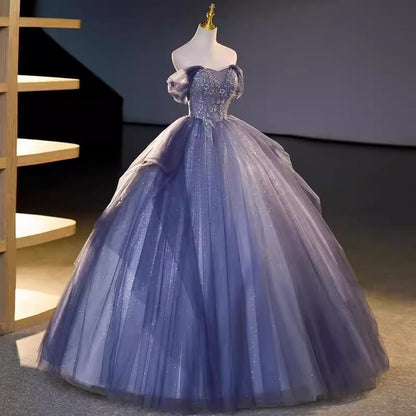 Short-Sleeve Sequin Ball Gown Off-Shoulder