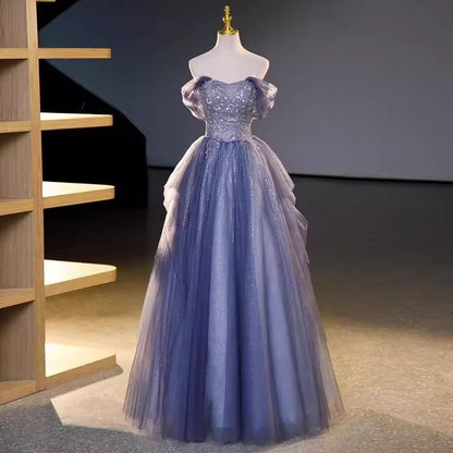 Short-Sleeve Off-Shoulder Sequin Ball Gown