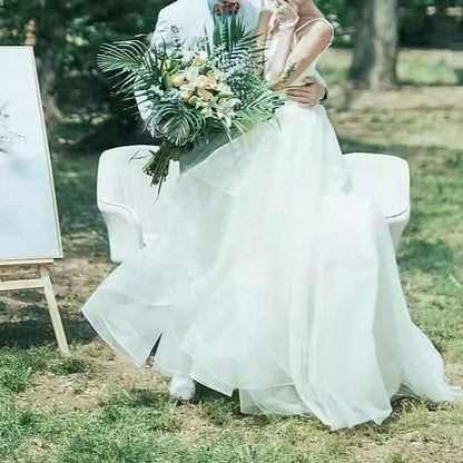 Spaghetti Strap V-Neck Plain A-Line Wedding Gown