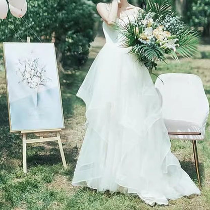 Spaghetti Strap V-Neck Plain A-Line Wedding Gown