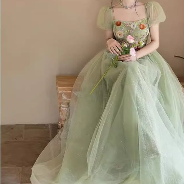 Puff-Sleeve Square Neck Floral Embroidered Sequin A-Line Evening Gown
