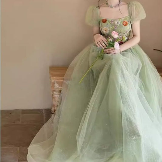 Puff-Sleeve Square Neck Floral Embroidered Sequin A-Line Evening Gown