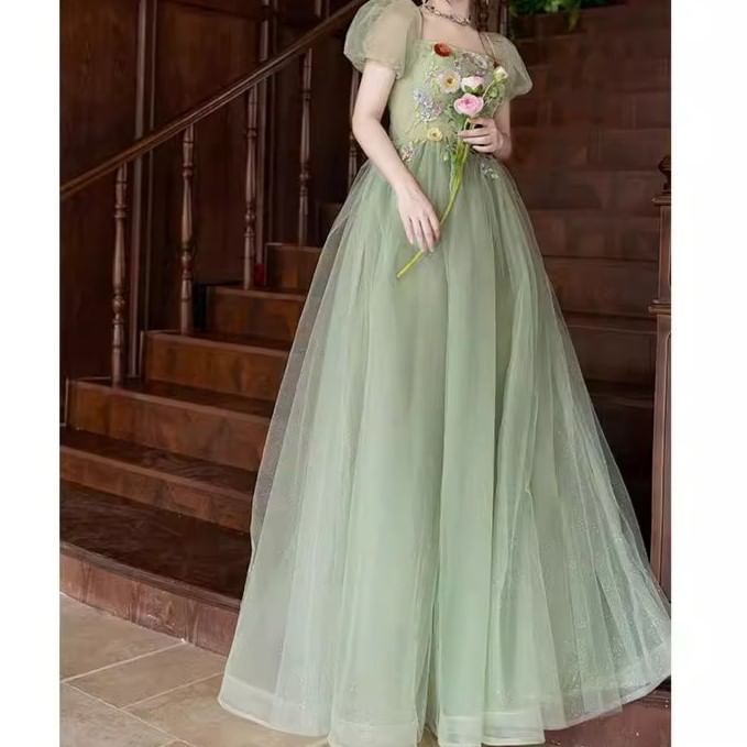Puff-Sleeve Square Neck Floral Embroidered Sequin A-Line Evening Gown