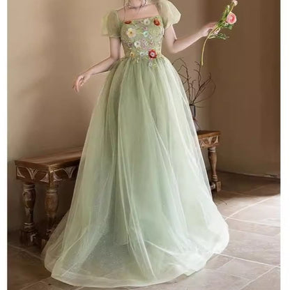 Neck Puff-Sleeve Sequin Square Evening A-Line Embroidered Floral Gown