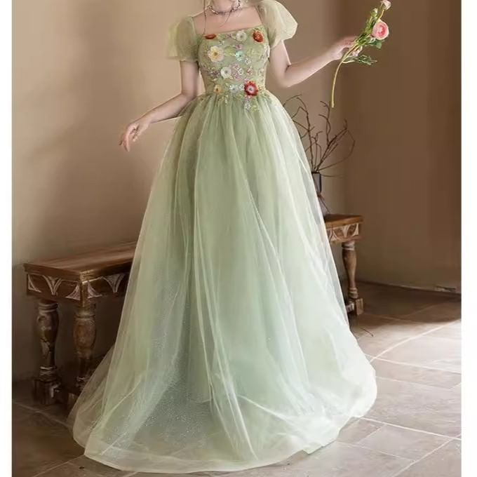 Puff-Sleeve Square Neck Floral Embroidered Sequin A-Line Evening Gown