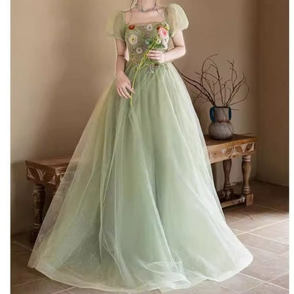 Neck Puff-Sleeve Sequin Square Evening A-Line Embroidered Floral Gown