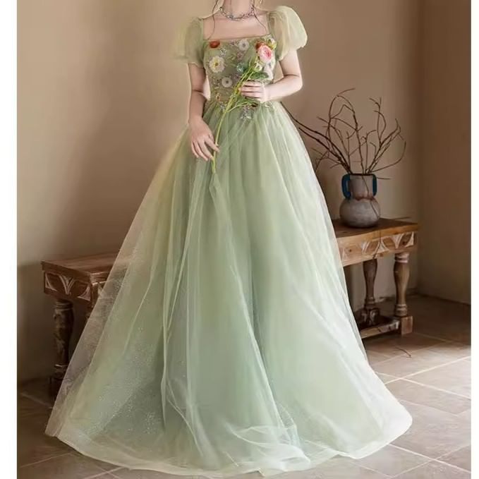 Puff-Sleeve Square Neck Floral Embroidered Sequin A-Line Evening Gown