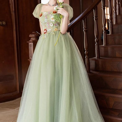 Neck Puff-Sleeve Sequin Square Evening A-Line Embroidered Floral Gown