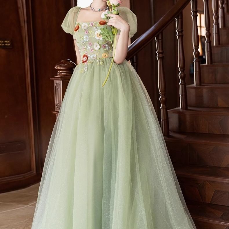 Puff-Sleeve Square Neck Floral Embroidered Sequin A-Line Evening Gown