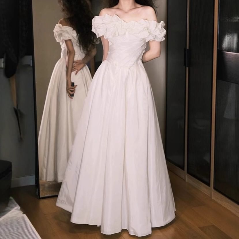 Off-Shoulder Plain Ruched Satin A-Line Wedding Gown