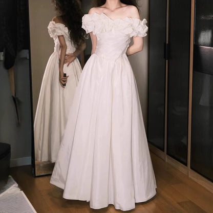 Off-Shoulder Plain Ruched Satin A-Line Wedding Gown