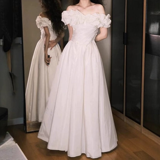 Off-Shoulder Plain Ruched Satin A-Line Wedding Gown