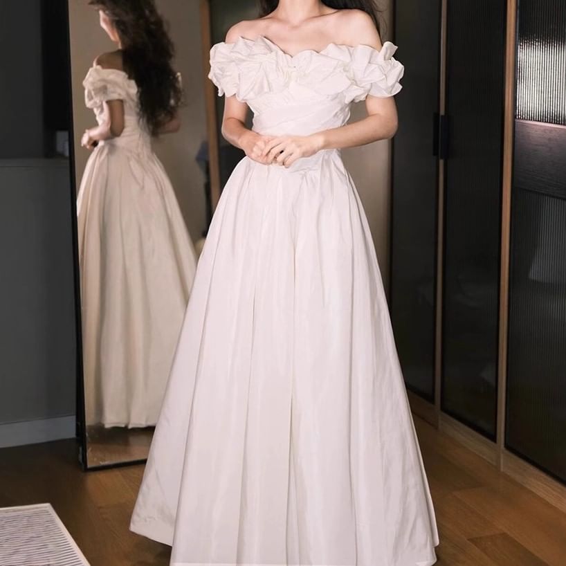 Off-Shoulder Plain Ruched Satin A-Line Wedding Gown