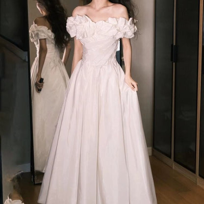 Off-Shoulder Plain Ruched Satin A-Line Wedding Gown