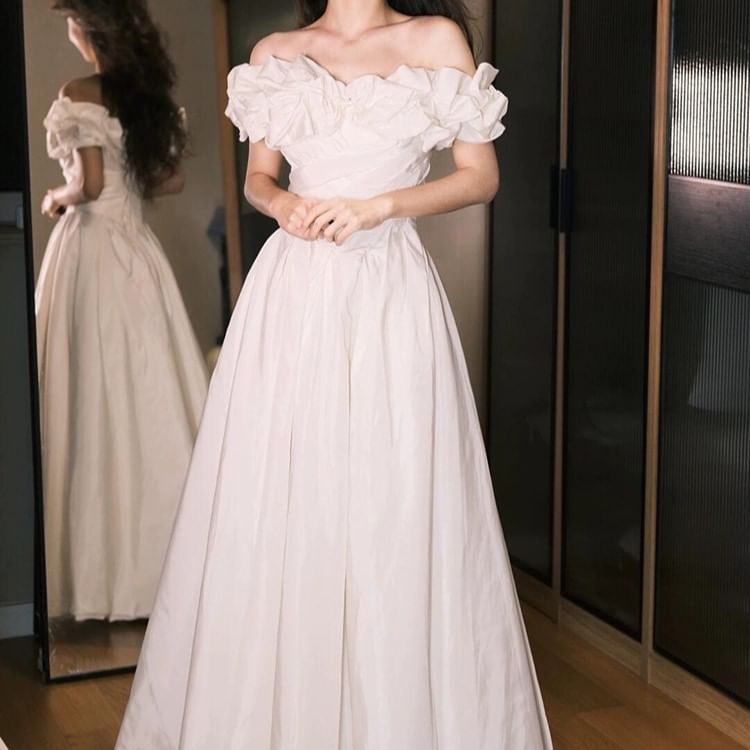 Off-Shoulder Plain Ruched Satin A-Line Wedding Gown