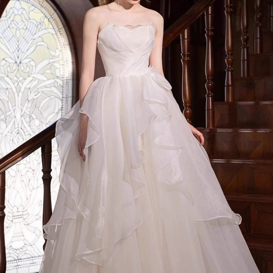 Strapless Plain Bow Accent Ruffle A-Line Wedding Gown