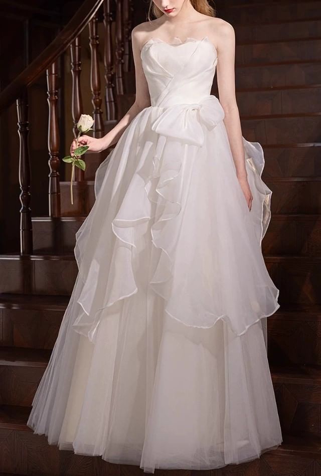 Strapless Plain Bow Accent Ruffle A-Line Wedding Gown