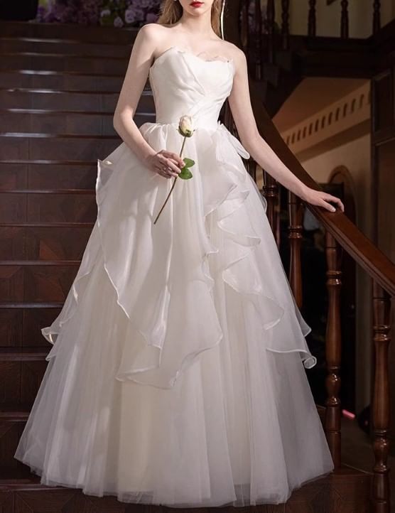 Strapless Plain Bow Accent Ruffle A-Line Wedding Gown