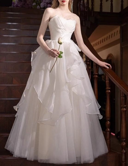 Strapless Plain Bow Accent Ruffle A-Line Wedding Gown