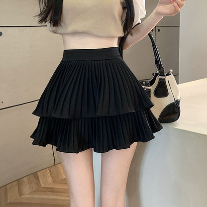 High Waist Plain Accordion Pleated Tiered Mini A-Line Skirt