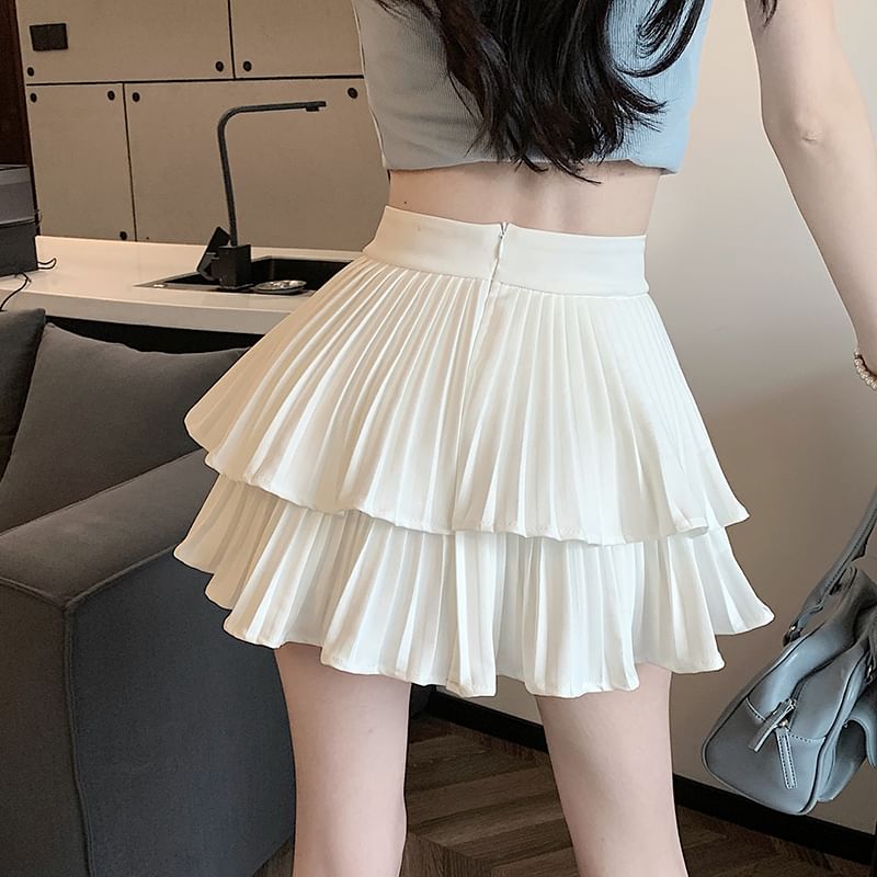 High Waist Plain Accordion Pleated Tiered Mini A-Line Skirt