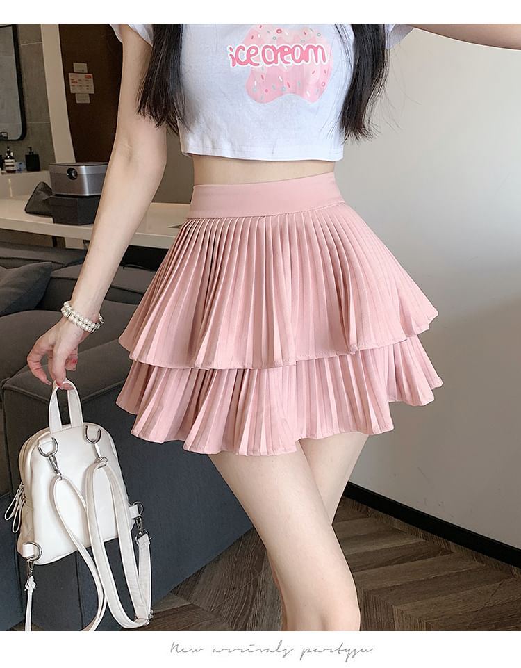 High Waist Plain Accordion Pleated Tiered Mini A-Line Skirt