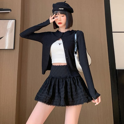 High Waist Plain Lace Trim Mini A-Line Skirt