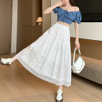 Elastic Waist Plain Embroidered Midi A-Line Skirt (Various Designs)