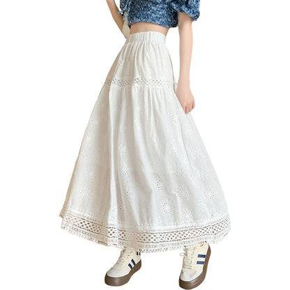 Elastic Waist Plain Embroidered Midi A-Line Skirt (Various Designs)