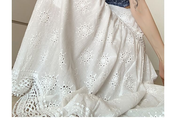 Elastic Waist Plain Embroidered Midi A-Line Skirt (Various Designs)