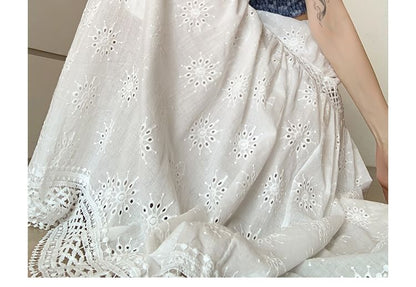 Elastic Waist Plain Embroidered Midi A-Line Skirt (Various Designs)