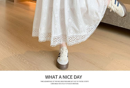 Elastic Waist Plain Embroidered Midi A-Line Skirt (Various Designs)