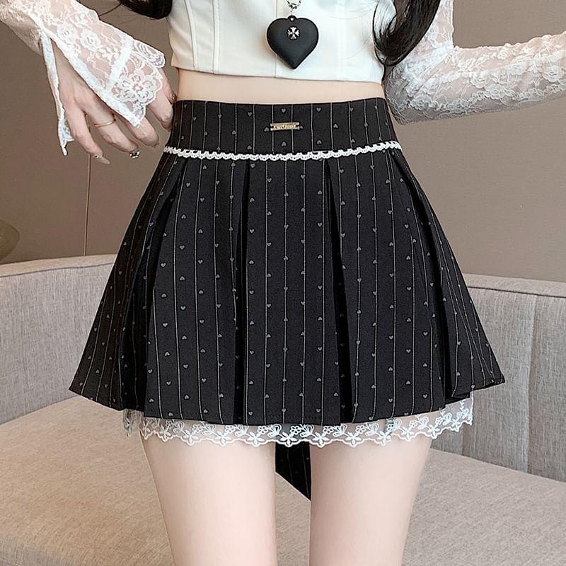 High Waist Heart Print Bow Lace Panel Mini A-Line Skirt