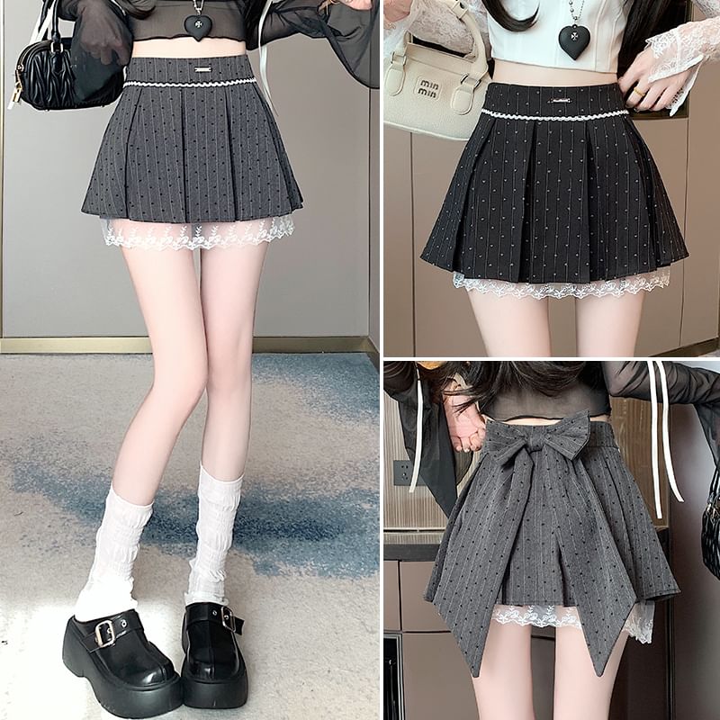 High Waist Heart Print Bow Lace Panel Mini A-Line Skirt