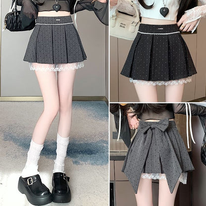 High Waist Heart Print Bow Lace Panel Mini A-Line Skirt