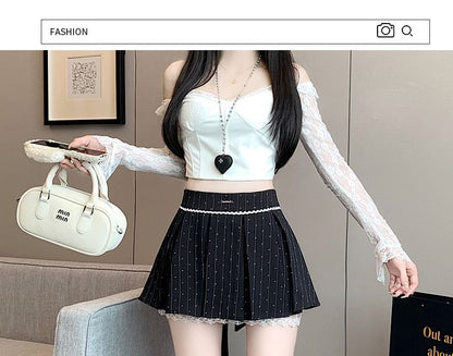 High Waist Heart Print Bow Lace Panel Mini A-Line Skirt