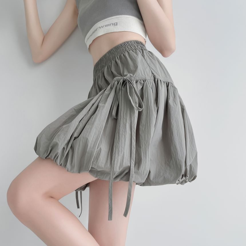 Elastic Waist Plain Bow Bubble Hem Mini A-Line Skirt