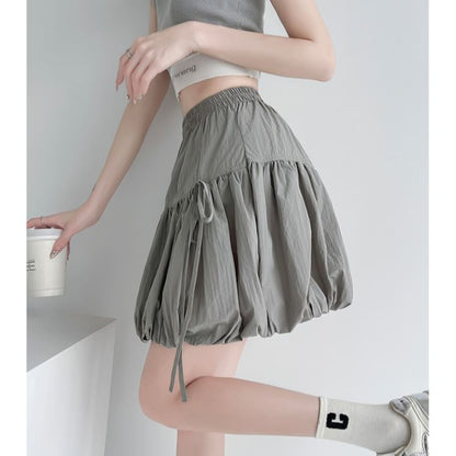Elastic Waist Plain Bow Bubble Hem Mini A-Line Skirt