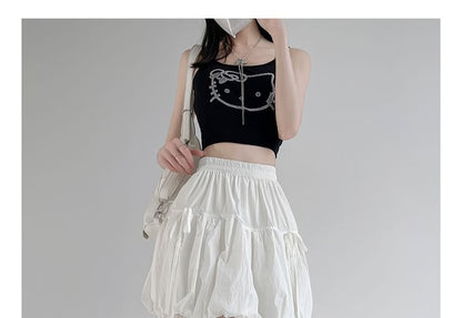 Elastic Waist Plain Bow Bubble Hem Mini A-Line Skirt