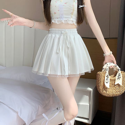 Drawstring Waist Pleated Lace Trim Mini A-Line Skirt