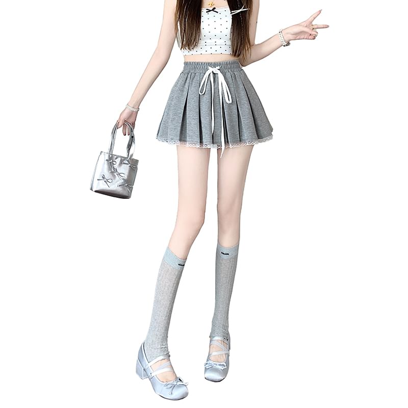 Drawstring Waist Pleated Lace Trim Mini A-Line Skirt