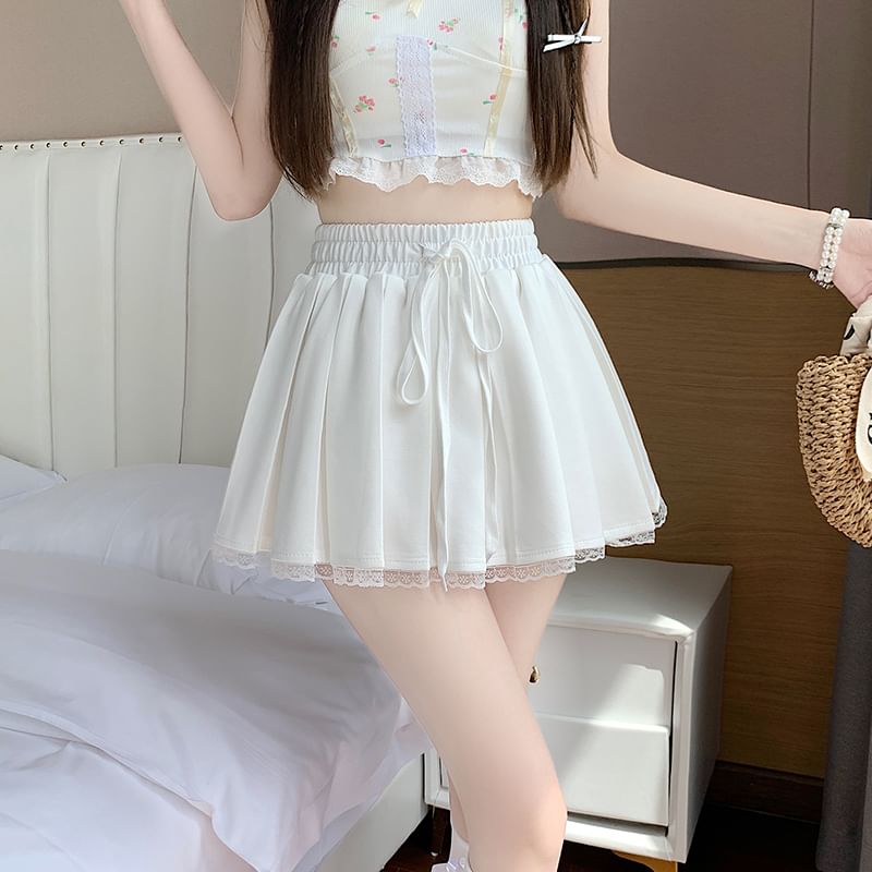 Drawstring Waist Pleated Lace Trim Mini A-Line Skirt