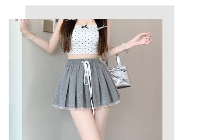 Drawstring Waist Pleated Lace Trim Mini A-Line Skirt