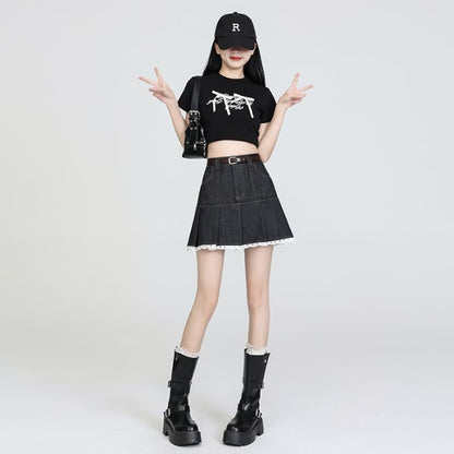 High Waist Pleated Lace Trim Denim Skort