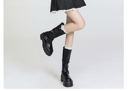 High Waist Pleated Lace Trim Denim Skort