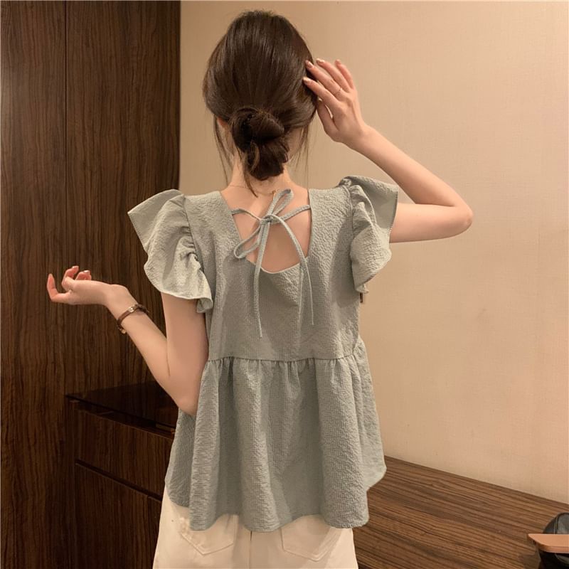 Cap-Sleeve Plain Peplum Blouse