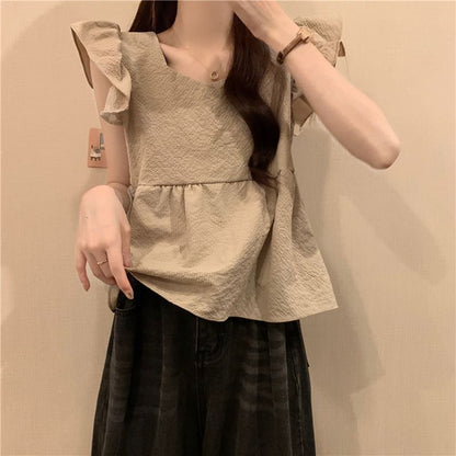 Cap-Sleeve Plain Peplum Blouse