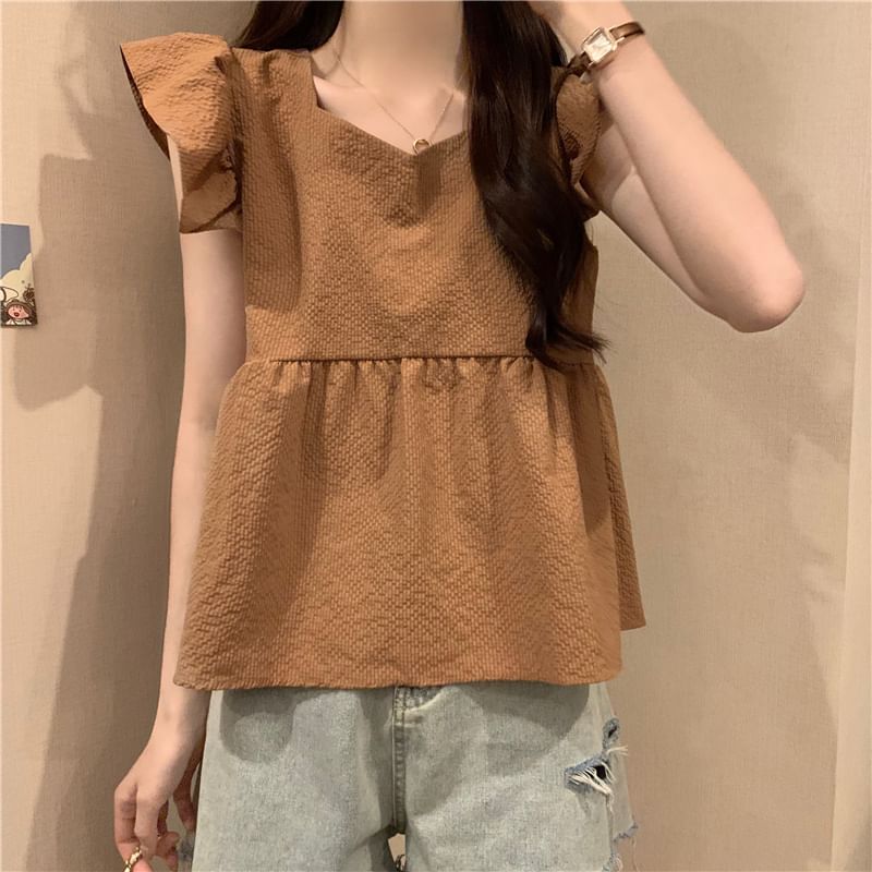 Cap-Sleeve Plain Peplum Blouse