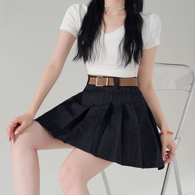 High Waist Pleated Denim Mini A-Line Skirt