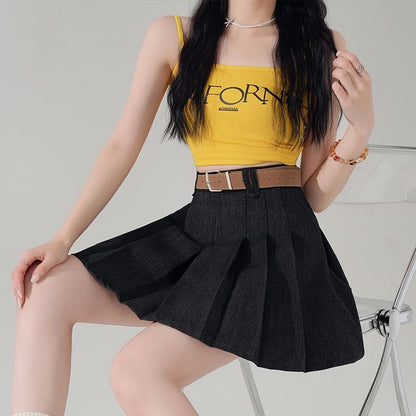 High Waist Pleated Denim Mini A-Line Skirt